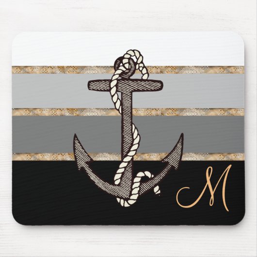 Tapis De Souris Ancre et corde (dégradé noir avec monogramme) (Devant)