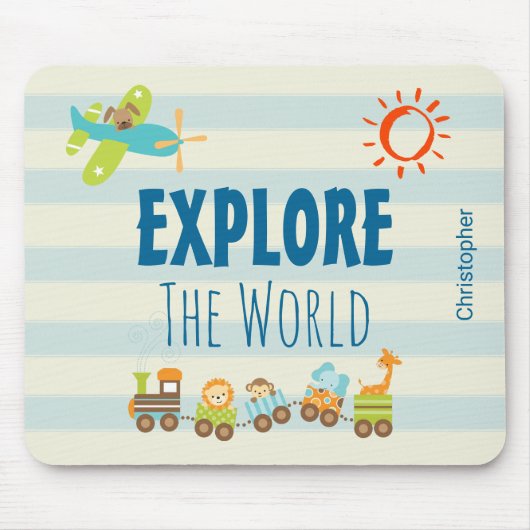 Tapis De Souris Animal Toy Train and Airplane on Stripes (Devant)