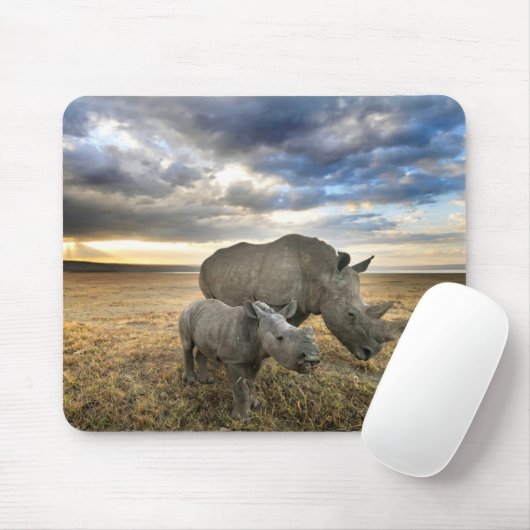 Tapis De Souris Animaux de bébés cutest | White Rhino & Calf (Avec souris)