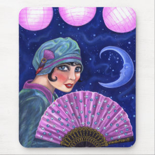 Tapis De Souris Années folles Flapper Girl Fan Lune Stars