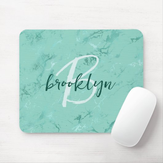 Tapis De Souris Aqua Blue Marble Foil Script Monogram (Avec souris)