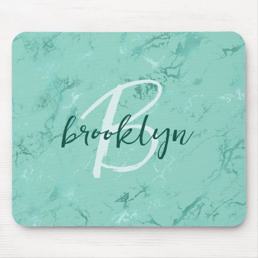 Tapis De Souris Aqua Blue Marble Foil Script Monogram (Devant)