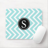 Tapis De Souris Aqua Blue & White Zigzag Motif Monogramme noir (Avec souris)