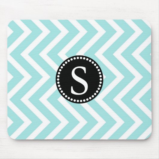Tapis De Souris Aqua Blue & White Zigzag Motif Monogramme noir (Devant)