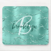 Tapis De Souris Aqua Brushed Metal Glitter Script Monogram  (Devant)