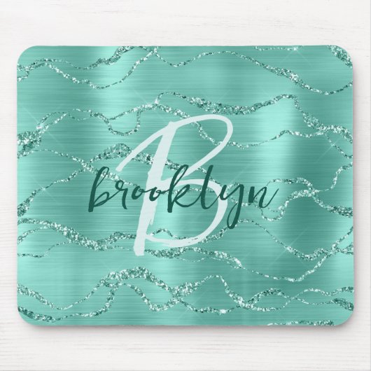Tapis De Souris Aqua Brushed Metal Glitter Script Monogram  (Devant)