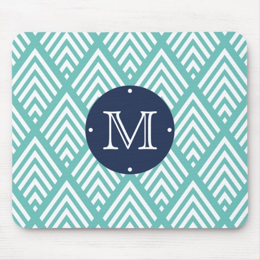 Tapis De Souris Aqua et Navy Preppy Diamond Chevron Monogramme (Devant)