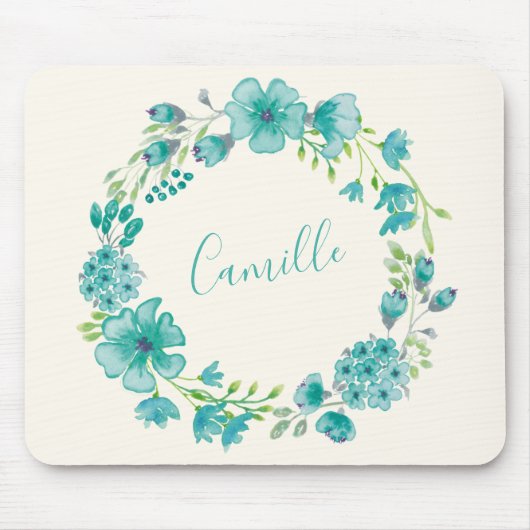 Tapis De Souris Aqua Sea Green Floral Wreath Personnalisé (Devant)