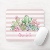 Tapis De Souris Aquarelle adorable Cactus, Bandes roses Succulente (Avec souris)
