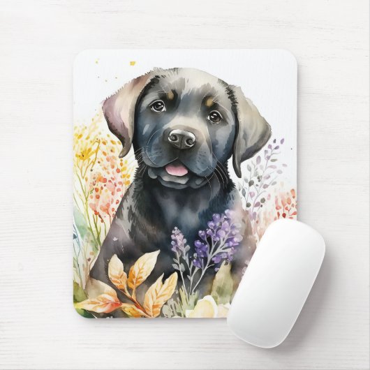 Tapis De Souris Aquarelle Black Labrador Retriever et Fleurs (Avec souris)