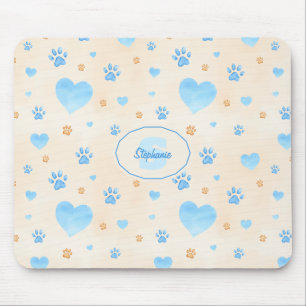Tapis De Souris Aquarelle Bleu Coeurs et Empreintes de pattes Moti