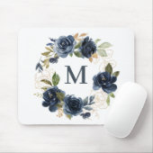 Tapis De Souris Aquarelle bleu marine Roses Floral Wreath Monogram (Avec souris)