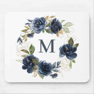Tapis De Souris Aquarelle bleu marine Roses Floral Wreath Monogram