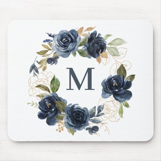 Tapis De Souris Aquarelle bleu marine Roses Floral Wreath Monogram (Devant)