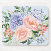 Tapis De Souris Aquarelle Bleu rose Hydrangée Peony Ressort Floral (Devant)
