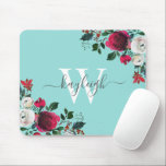 Tapis De Souris Aquarelle Bourgogne Floral Turquoise Monogramme<br><div class="desc">Botanique de Bourgogne, rose de pivoine, floral sur un monogrammed turquoise personnalisé Mouse Pad. Bourgogne, marsala, roses de pivoine d'aquarelle blanche, design botanique floral avec feuilles vert foncé et baies sur bleu clair, aqua, ou arrière - plan turquoise. Présentez une élégante conception de typographie manuscrite tourbillonnant avec votre nom, monogramme...</div>
