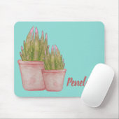 Tapis De Souris Aquarelle Cactus avec votre nom Rose et Aqua (Avec souris)