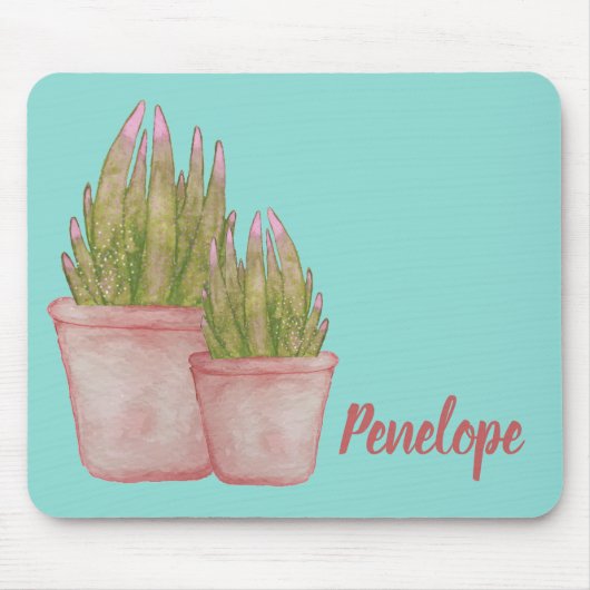 Tapis De Souris Aquarelle Cactus avec votre nom Rose et Aqua (Devant)
