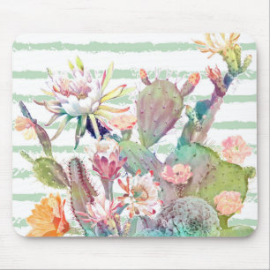 Tapis De Souris Aquarelle cactus, motifs floraux et rayures
