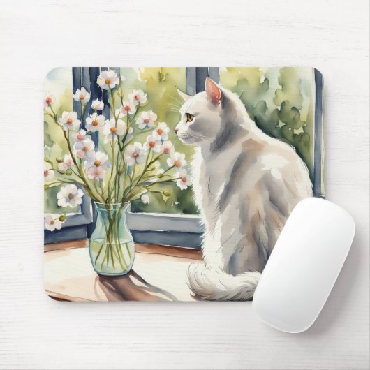 Tapis De Souris Aquarelle Chat blanc et marguerites (Avec souris)