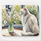 Tapis De Souris Aquarelle Chat blanc et marguerites (Devant)