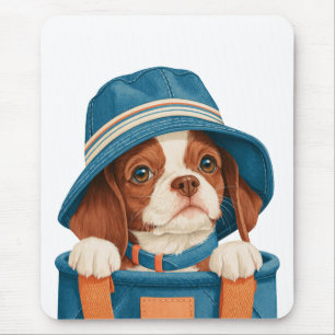 Tapis De Souris Aquarelle Chien Brun Blanc Chapeau Bleu Animal De