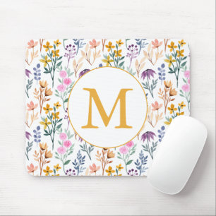 Tapis De Souris Aquarelle colorée Fleur de printemps Motif Monogra