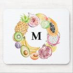 Tapis De Souris Aquarelle colorée Monogramme de couronne de fruits<br><div class="desc">Mousepad monogramme de fruits tropicaux avec abricot aquarelle,  ananas,  mangue,  papaye,  dragonfruit,  citron vert,  kiwi,  grenade,  figue,  banane et avocat. Personnalisez en ajoutant votre initiale préférée. Cette mousepad aux fruits tropicaux est parfaite comme un cadeau monogramme personnalisé.</div>
