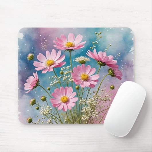 Tapis De Souris Aquarelle Cosmos rose (Avec souris)