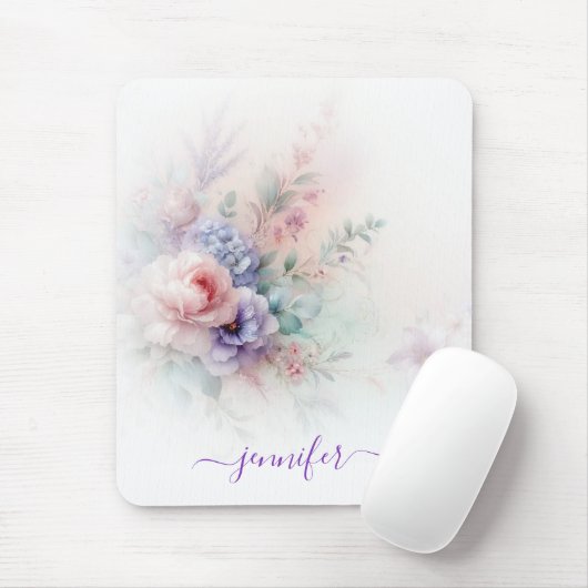 Tapis De Souris Aquarelle Couleurs Pastel Floral Nom Script Vertic (Avec souris)