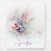 Tapis De Souris Aquarelle Couleurs Pastel Floral Nom Script Vertic (Devant)