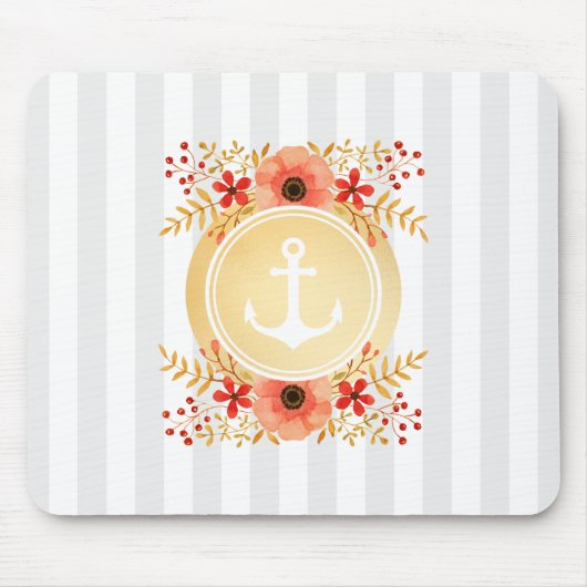 Tapis De Souris Aquarelle d'Ancre marine or à rayures florales (Devant)