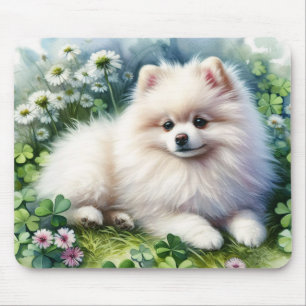 Tapis De Souris Aquarelle de chien de Poméranie blanche Champ de f
