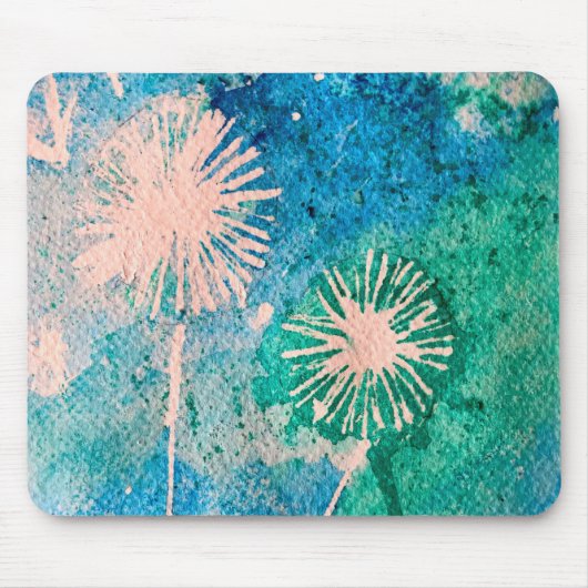 Tapis De Souris Aquarelle de Dandelion bleu et vert abstrait (Devant)