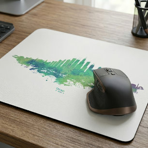 Tapis De Souris Aquarelle de la skyline de Chicago, ville bleue ve