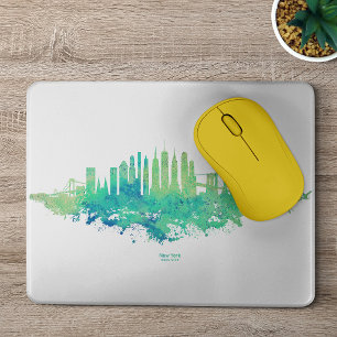 Tapis De Souris Aquarelle de la skyline de New York City en bleu e