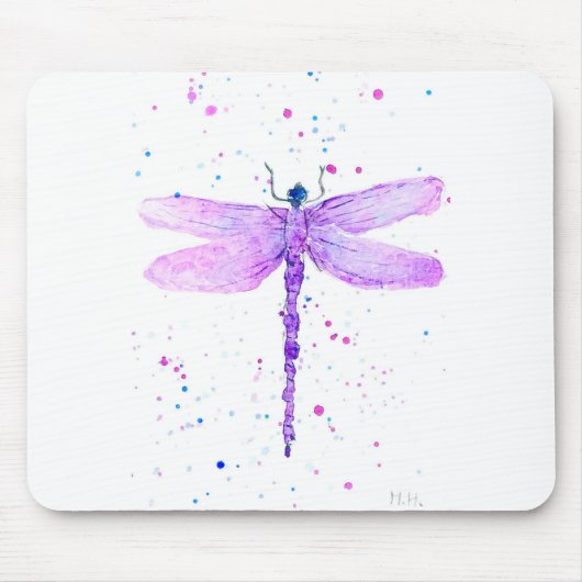 Tapis De Souris Aquarelle de libellule violette girly chic mignon (Devant)