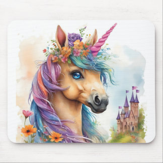 Tapis De Souris Aquarelle Dreamy Unicorn avec Château et Fleurs