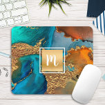 Tapis De Souris Aquarelle en marbre monogramme or turquoise & oran<br><div class="desc">Un carré brillant et faux or avec une typographie de script monogramme initial recouvre un arrière - plan d'aquarelle bleu turquoise et jaune orangé riche, veiné or, sur cet élégant, tendance, girly, monogramed mousepad. Fait une déclaration chic et élégante à chaque utilisation. Un grand cadeau pour un ami, ainsi que...</div>