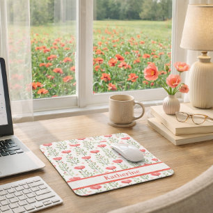 Tapis De Souris Aquarelle Fleur de Pavot Corail Rose