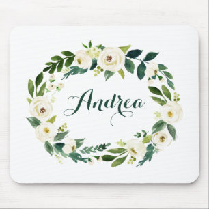 Tapis De Souris Aquarelle Fleurs blanches et serrure Feuille