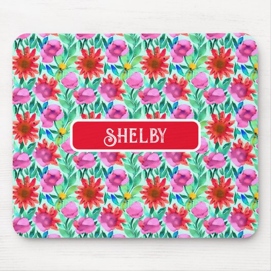 Tapis De Souris Aquarelle Fleurs en Turquoise, rouge et rose (Devant)