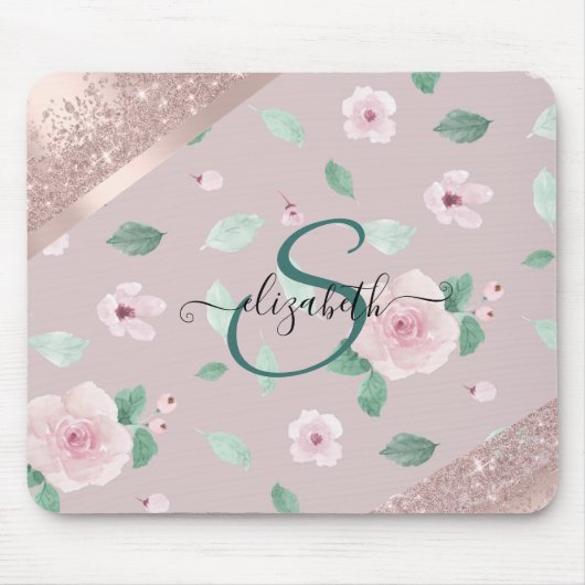 Tapis De Souris Aquarelle Fleurs Rose or Monogramme (Devant)
