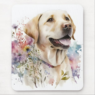 Tapis De Souris Aquarelle Golden Labrador Retriever et Fleurs