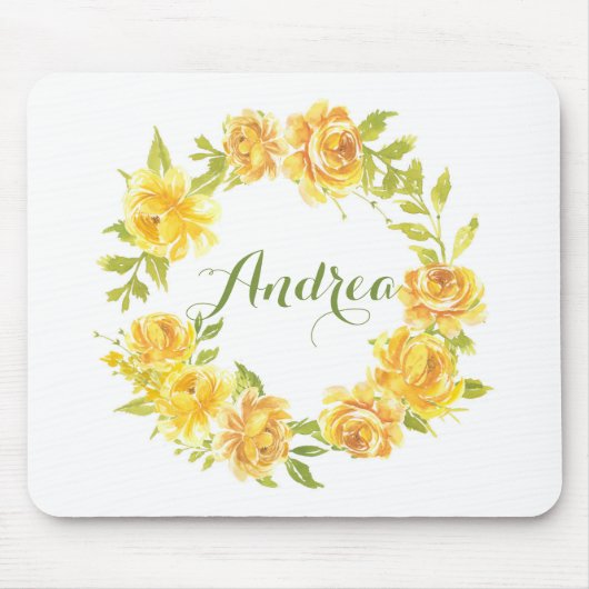 Tapis De Souris Aquarelle Jaune Roses Floral Wreath Personnalisé (Devant)