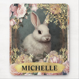Tapis De Souris Aquarelle Lapin Blanc Vintage et Roses Roses