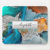 Tapis De Souris Aquarelle marbre argent turquoise nom orange (Devant)