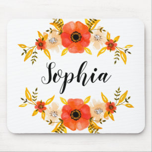 Tapis De Souris Aquarelle mignonne Coral Floral Wreath Texte perso