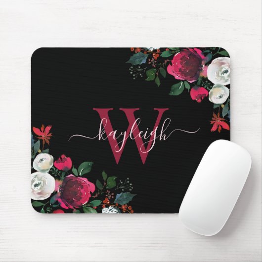 Tapis De Souris Aquarelle noire bordeaux Nom floral Monogramme (Avec souris)