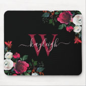 Tapis De Souris Aquarelle noire bordeaux Nom floral Monogramme (Devant)